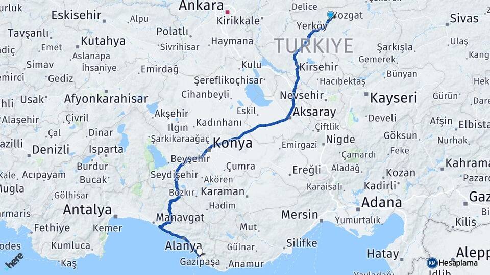 Yozgat Gazipaşa Antalya Arası Kaç Km - Yol Haritası