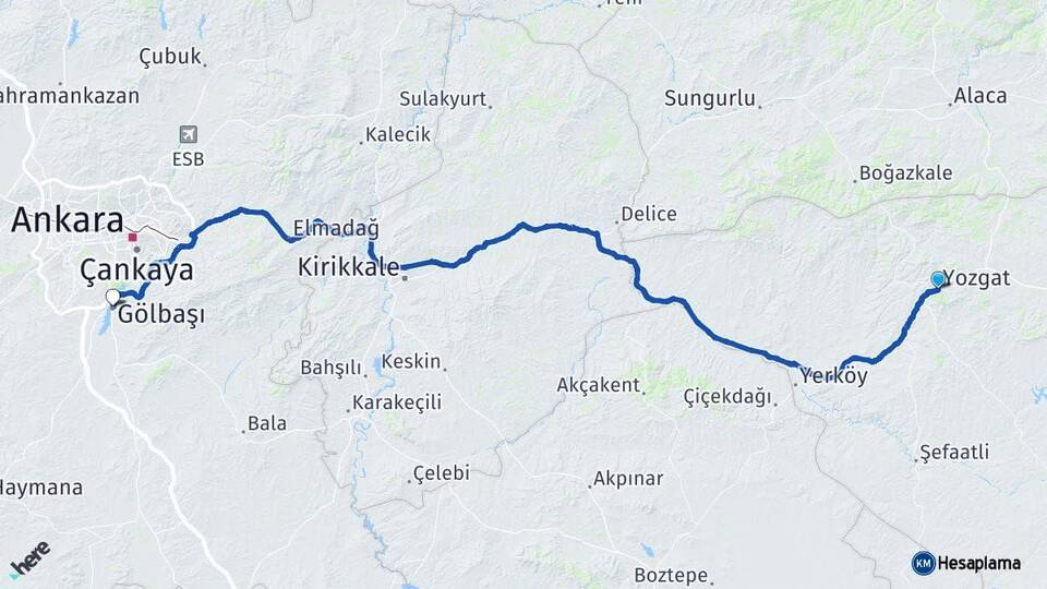 Yozgat Gölbaşı Ankara Arası Kaç Km - Yol Haritası