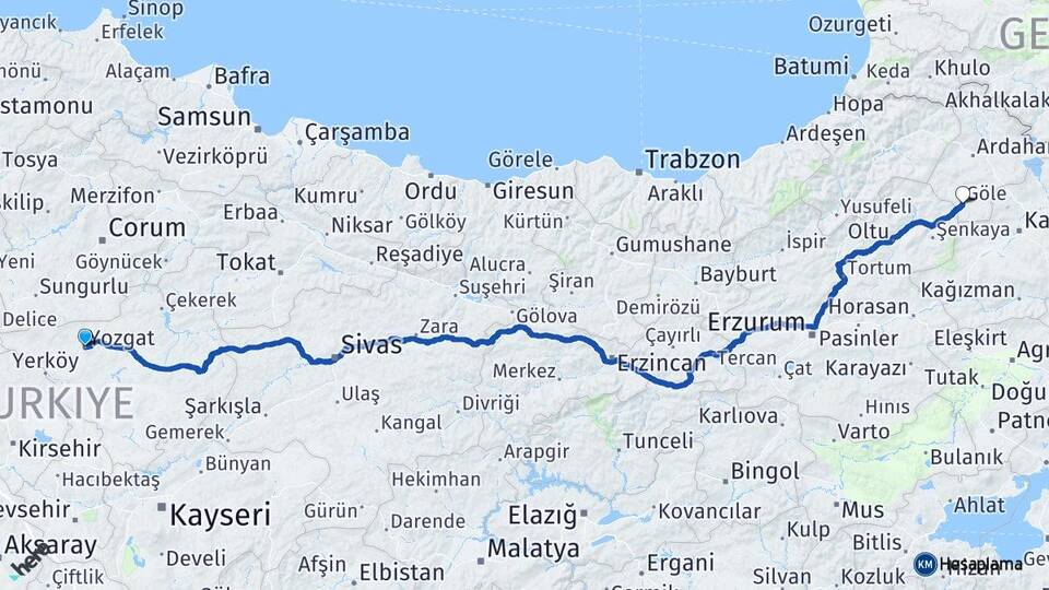 Yozgat Göle Ardahan Arası Kaç Km - Yol Haritası