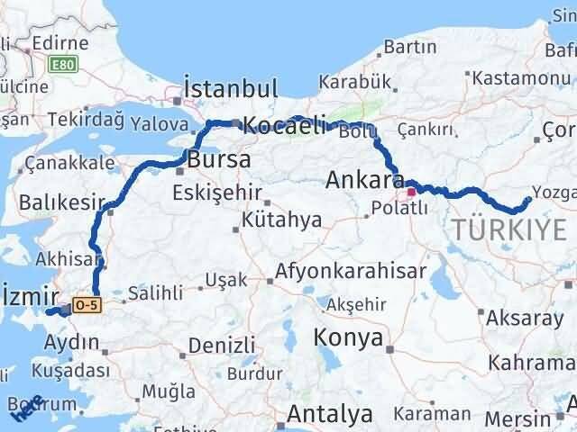 Yozgat Güzelbahçe İzmir Arası Kaç Km - Yol Haritası