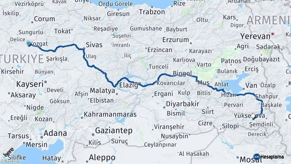 Yozgat Hakkari Arası Kaç Km - Yol Haritası