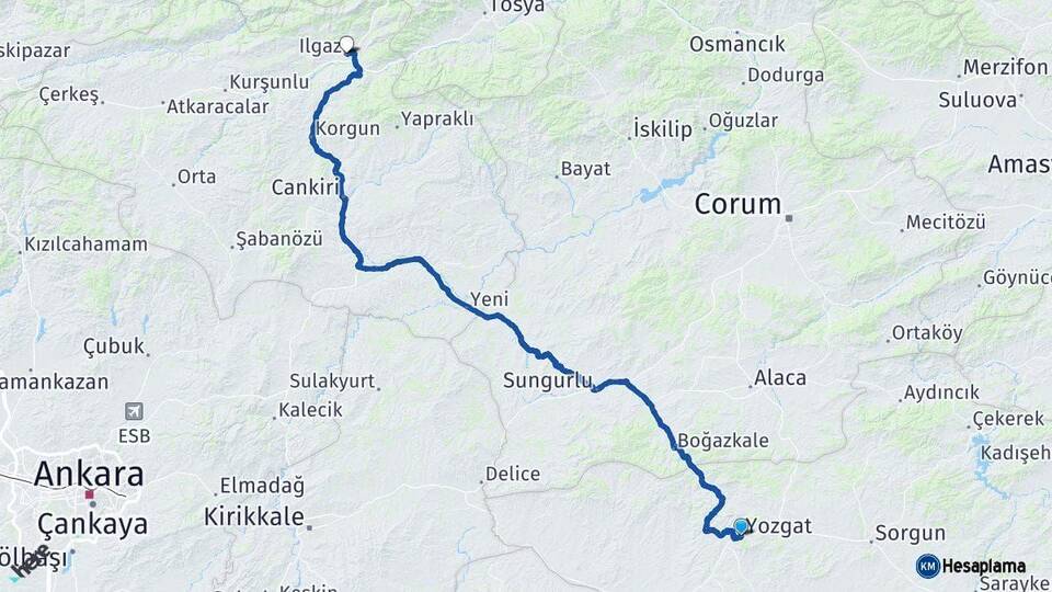 Yozgat Ilgaz Çankırı Arası Kaç Km - Yol Haritası
