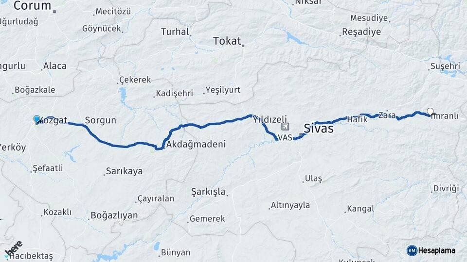 Yozgat İmranlı Sivas Arası Kaç Km - Yol Haritası