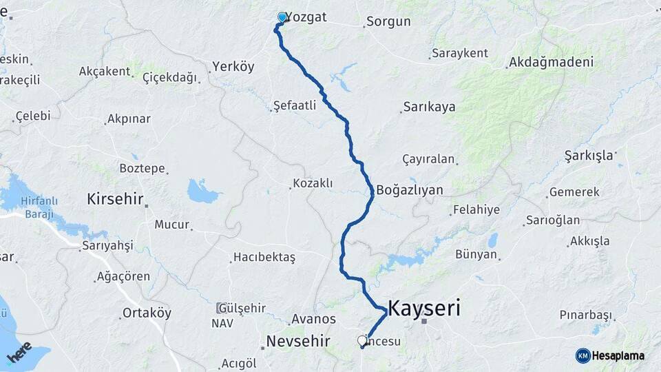 Yozgat İncesu Kayseri Arası Kaç Km - Yol Haritası