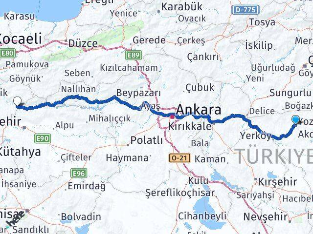 Yozgat İnhisar Bilecik Arası Kaç Km - Yol Haritası
