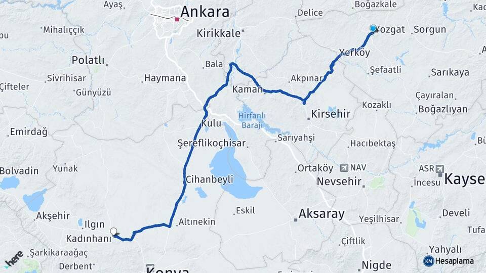 Yozgat Kadınhanı Konya Arası Kaç Km - Yol Haritası