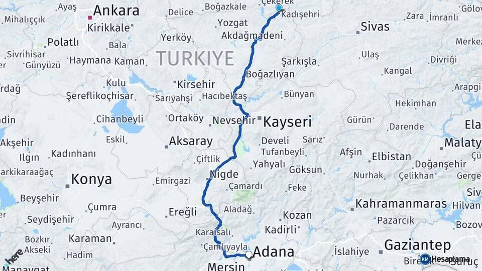 Yozgat Kadışehri Adana Arası Kaç Km - Yol Haritası