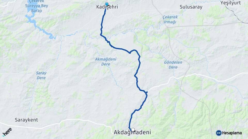 Yozgat Kadışehri Akdağmadeni Arası Kaç Km - Yol Haritası