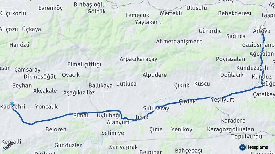 Yozgat Kadışehri Artova Tokat Arası Kaç Km - Yol Haritası