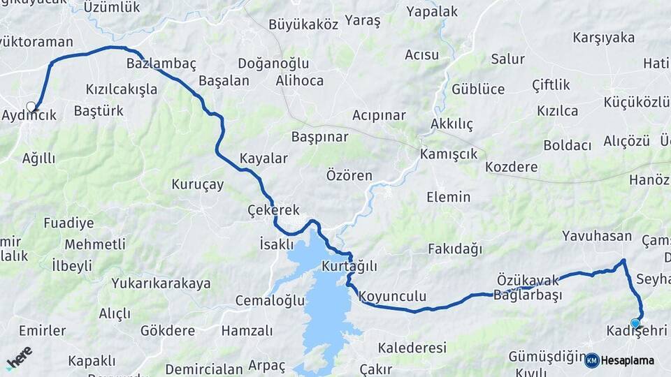 Yozgat Kadışehri Aydıncık Arası Kaç Km - Yol Haritası