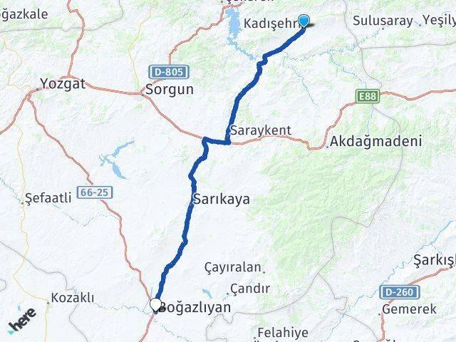 Yozgat Kadışehri Boğazlıyan Arası Kaç Km - Yol Haritası