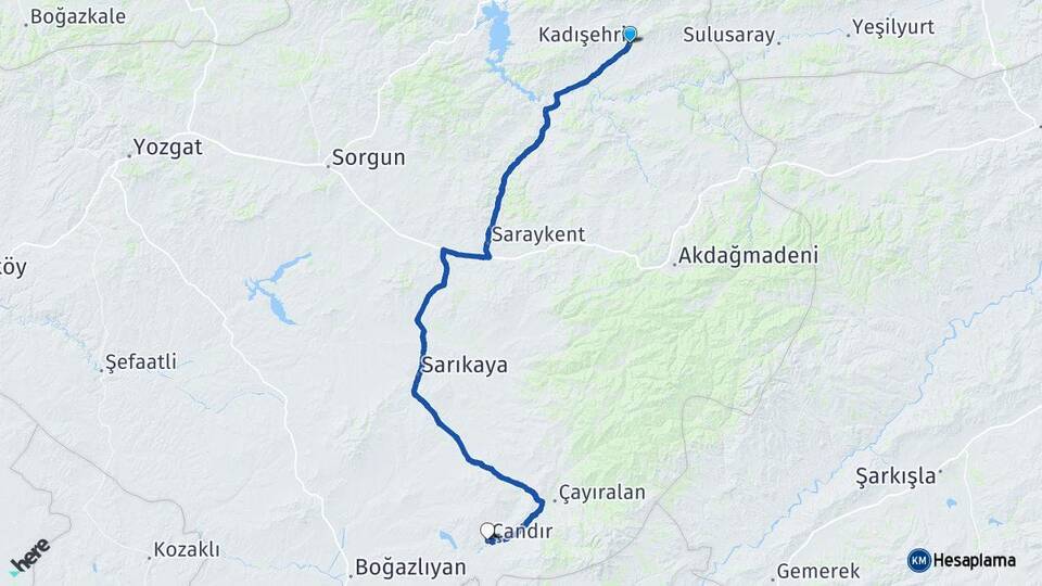Yozgat Kadışehri Çandır Arası Kaç Km - Yol Haritası