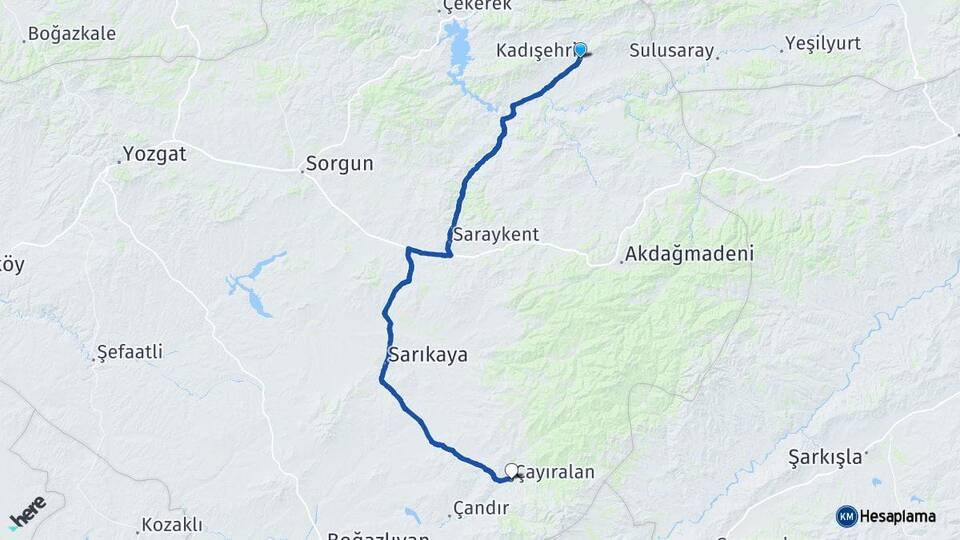Yozgat Kadışehri Çayıralan Arası Kaç Km - Yol Haritası