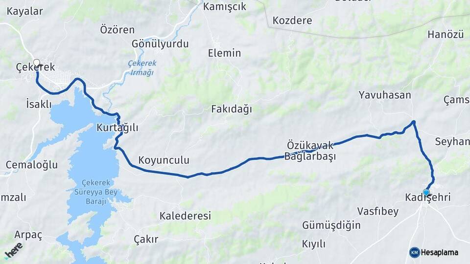 Yozgat Kadışehri Çekerek Arası Kaç Km - Yol Haritası