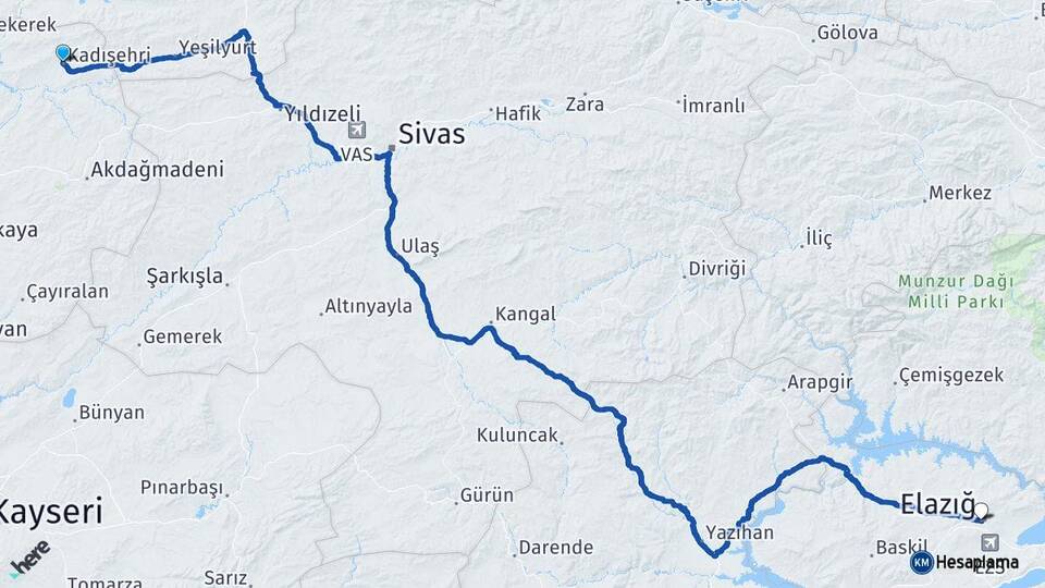 Yozgat Kadışehri Elazığ Arası Kaç Km - Yol Haritası