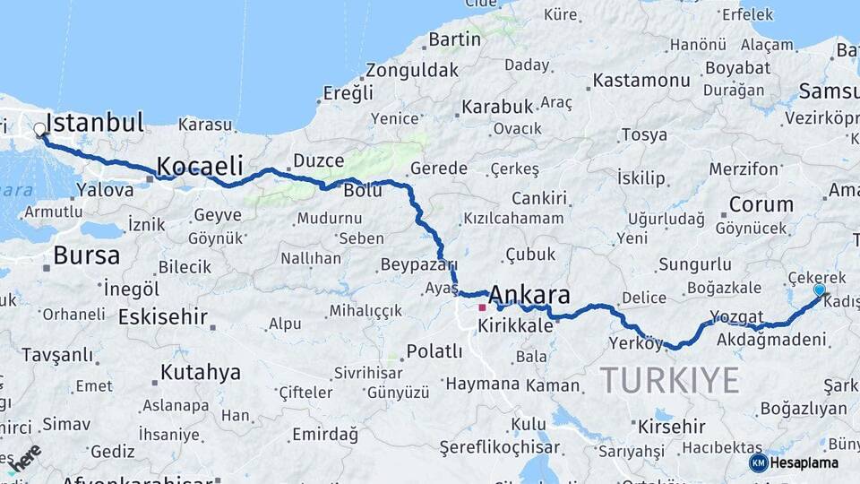 Yozgat Kadışehri İstanbul Arası Kaç Km - Yol Haritası