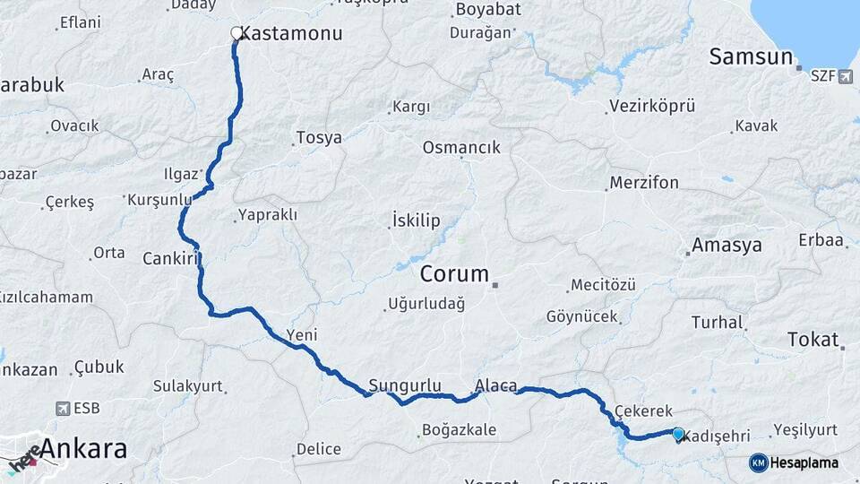 Yozgat Kadışehri Kastamonu Arası Kaç Km - Yol Haritası