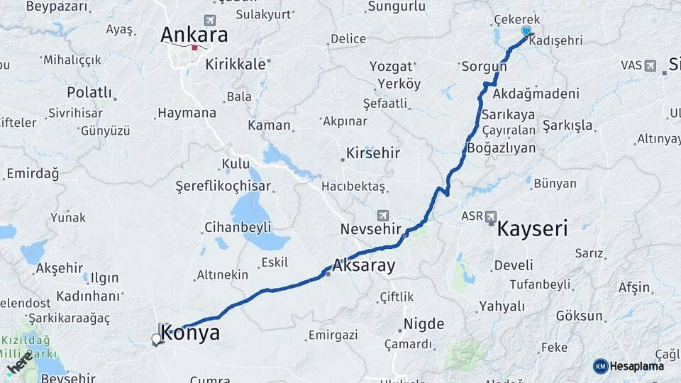 Yozgat Kadışehri Konya Arası Kaç Km - Yol Haritası