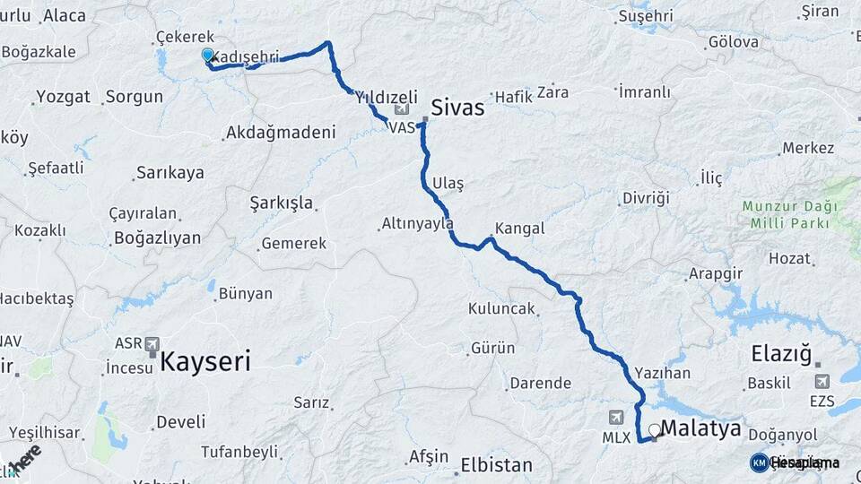 Yozgat Kadışehri Malatya Arası Kaç Km - Yol Haritası