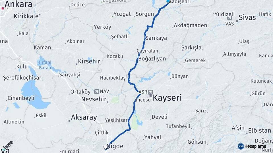 Yozgat Kadışehri Niğde Arası Kaç Km - Yol Haritası