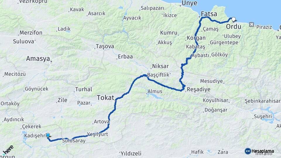 Yozgat Kadışehri Ordu Arası Kaç Km - Yol Haritası
