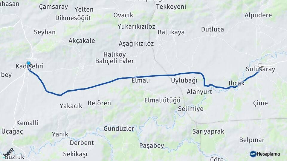 Yozgat Kadışehri Sulusaray Tokat Arası Kaç Km - Yol Haritası