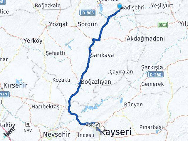 Yozgat Kadışehri Talas Kayseri Arası Kaç Km - Yol Haritası