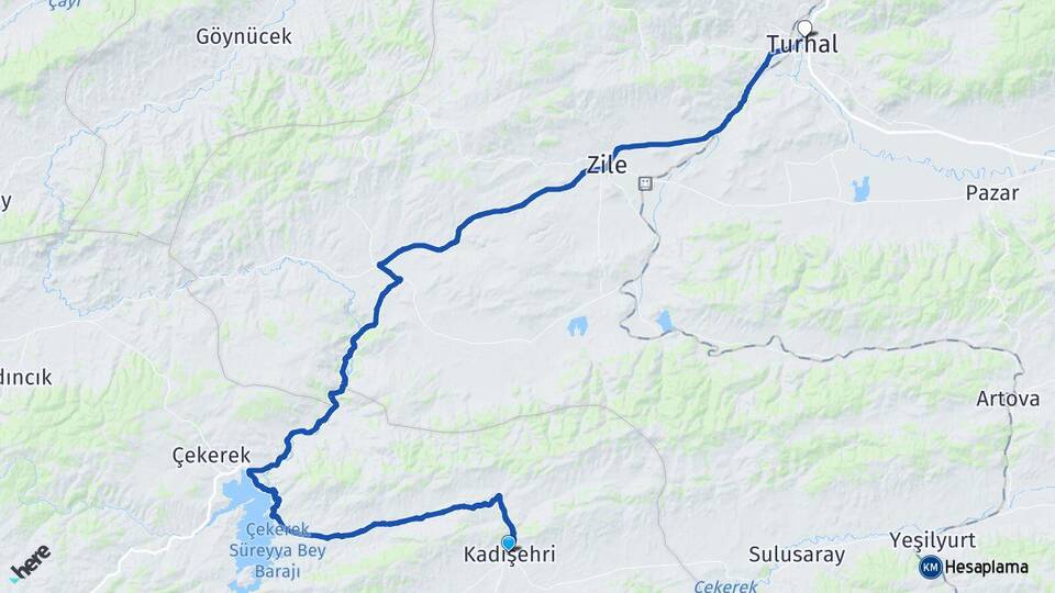 Yozgat Kadışehri Turhal Tokat Arası Kaç Km - Yol Haritası