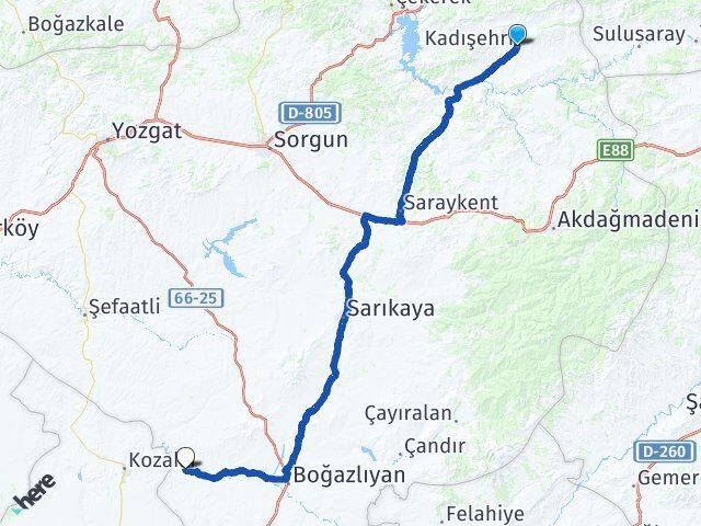 Yozgat Kadışehri Yenifakılı Arası Kaç Km - Yol Haritası