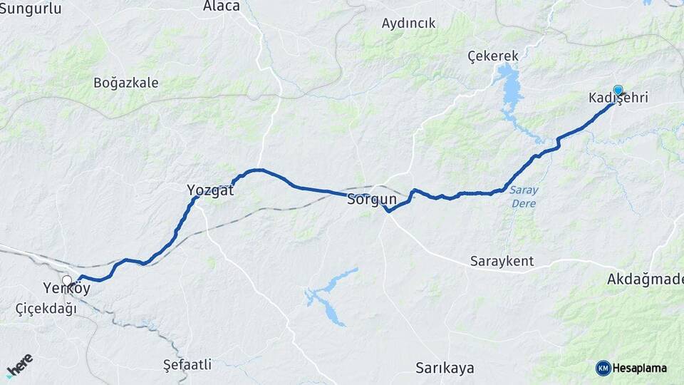 Yozgat Kadışehri Yerköy Arası Kaç Km - Yol Haritası