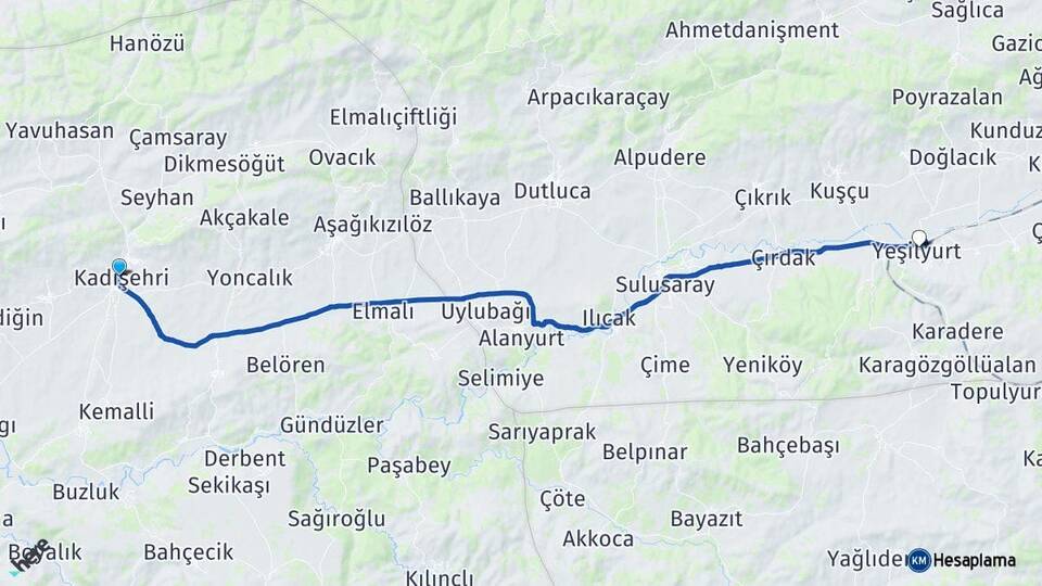 Yozgat Kadışehri Yeşilyurt Tokat Arası Kaç Km - Yol Haritası