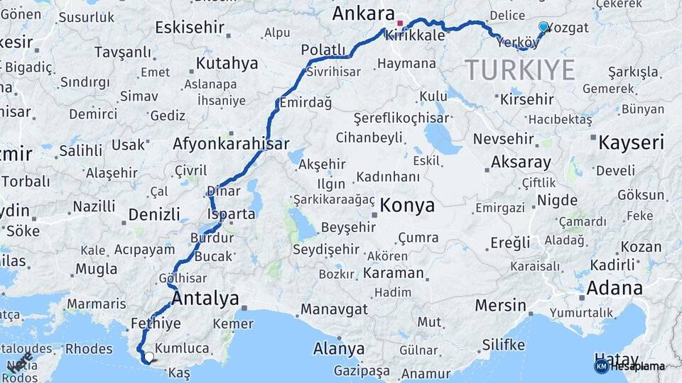 Yozgat Kalkan Kaş Antalya Arası Kaç Km - Yol Haritası