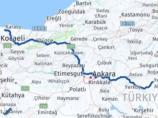 Yozgat Kandıra Kocaeli Arası Kaç Km - Yol Haritası