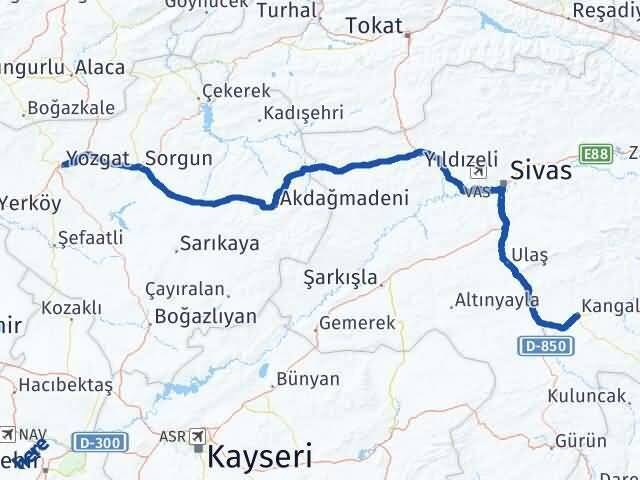 Yozgat Kangal Sivas Arası Kaç Km - Yol Haritası