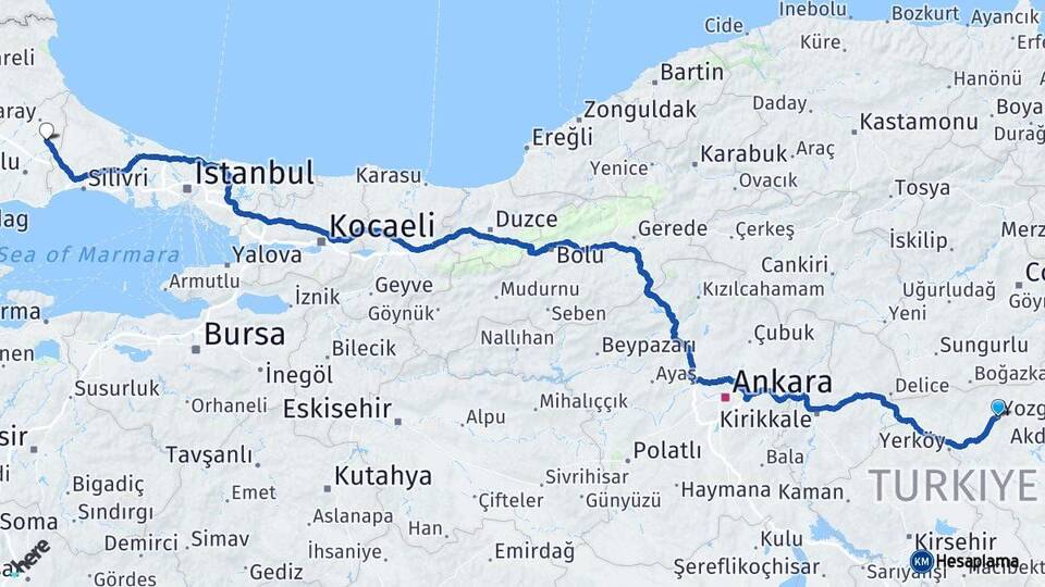 Yozgat Kapaklı Tekirdağ Arası Kaç Km - Yol Haritası