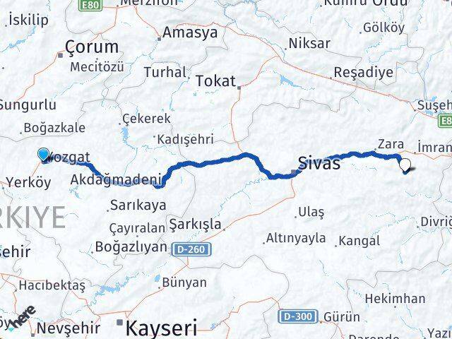 Yozgat Kapıkaya İmranlı Sivas Arası Kaç Km - Yol Haritası