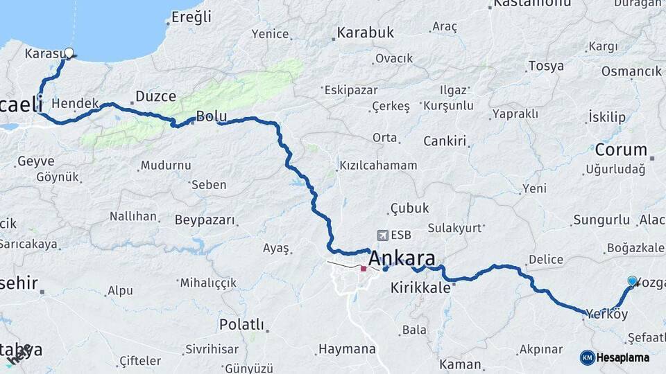 Yozgat Karasu Sakarya Arası Kaç Km - Yol Haritası