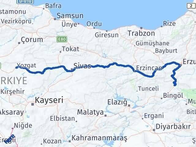 Yozgat Karlıova Bingöl Arası Kaç Km - Yol Haritası