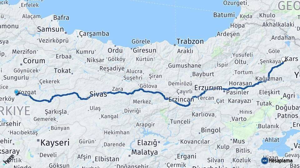 Yozgat Kars Arası Kaç Km - Yol Haritası