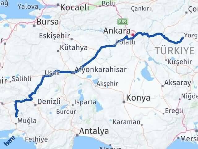Yozgat Kavaklıdere Muğla Arası Kaç Km - Yol Haritası