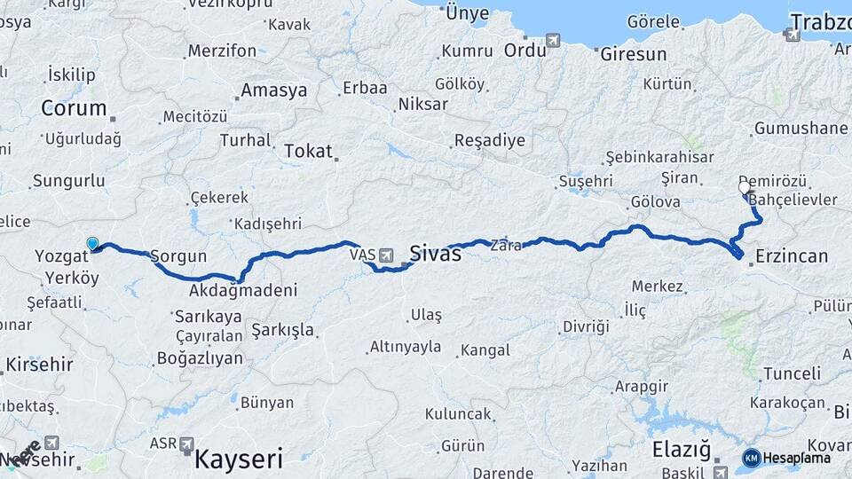 Yozgat Kelkit Gümüşhane Arası Kaç Km - Yol Haritası