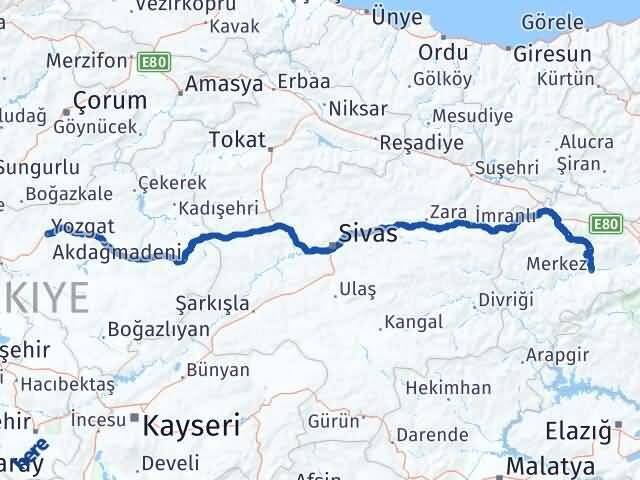 Yozgat Kemah Erzincan Arası Kaç Km - Yol Haritası