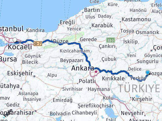 Yozgat Körfez Kocaeli Arası Kaç Km - Yol Haritası