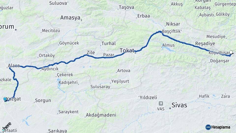 Yozgat Koyulhisar Sivas Arası Kaç Km - Yol Haritası