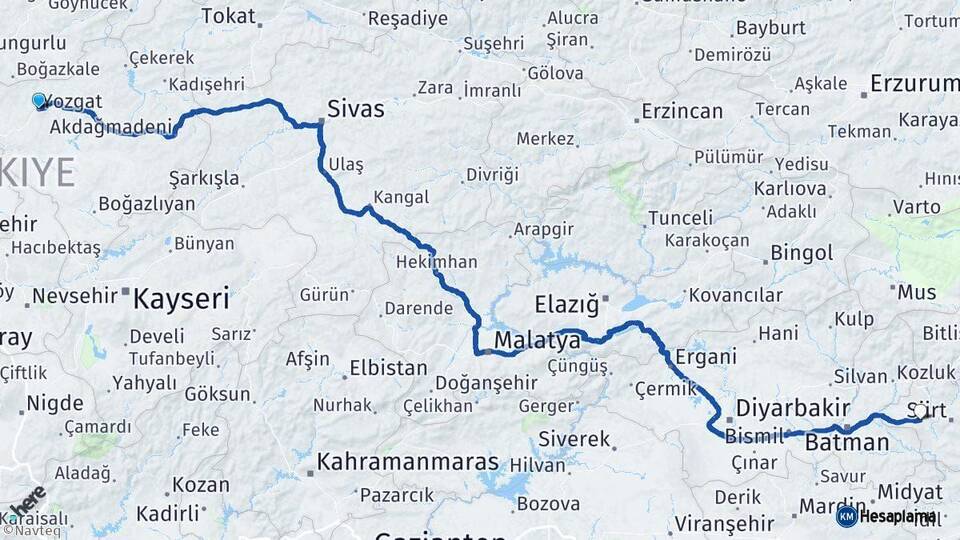 Yozgat Kurtalan Siirt Arası Kaç Km - Yol Haritası