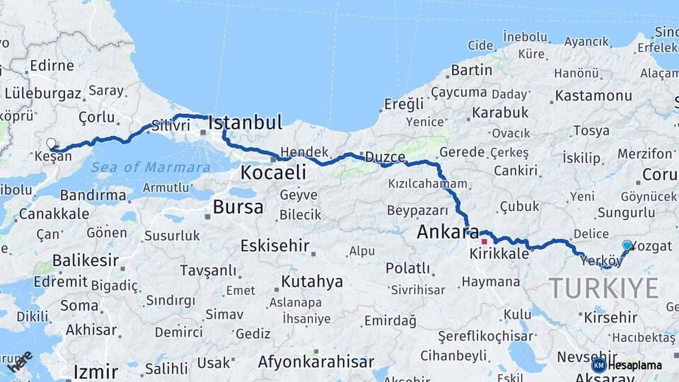 Yozgat Malkara Tekirdağ Arası Kaç Km - Yol Haritası