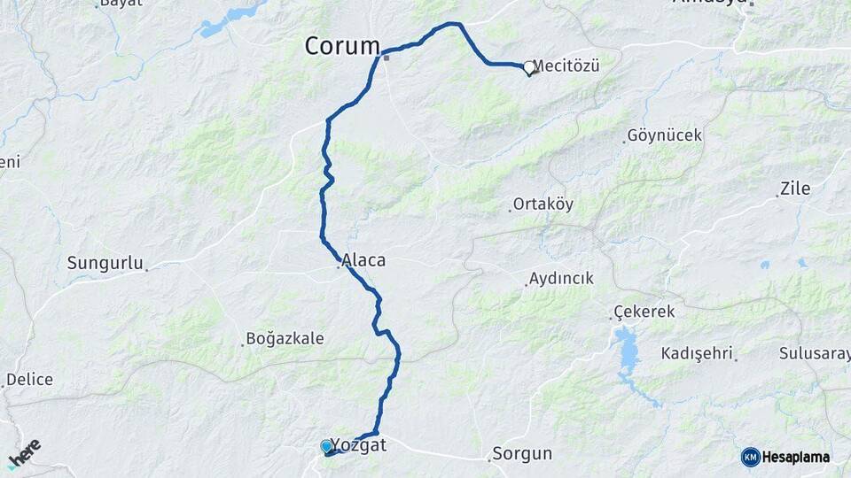 Yozgat Mecitözü Çorum Arası Kaç Km - Yol Haritası