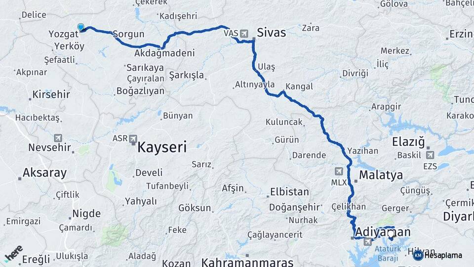 Yozgat Menzil Kahta Adıyaman Arası Kaç Km - Yol Haritası