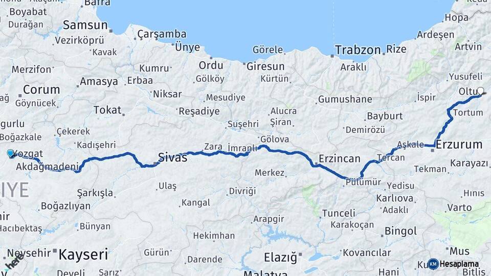 Yozgat Oltu Erzurum Arası Kaç Km - Yol Haritası