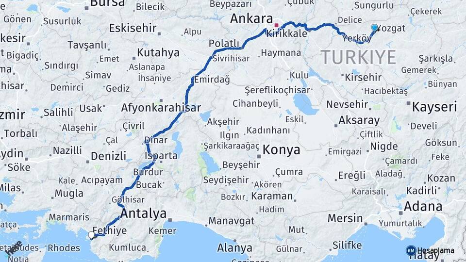 Yozgat Ölüdeniz Fethiye Muğla Arası Kaç Km - Yol Haritası